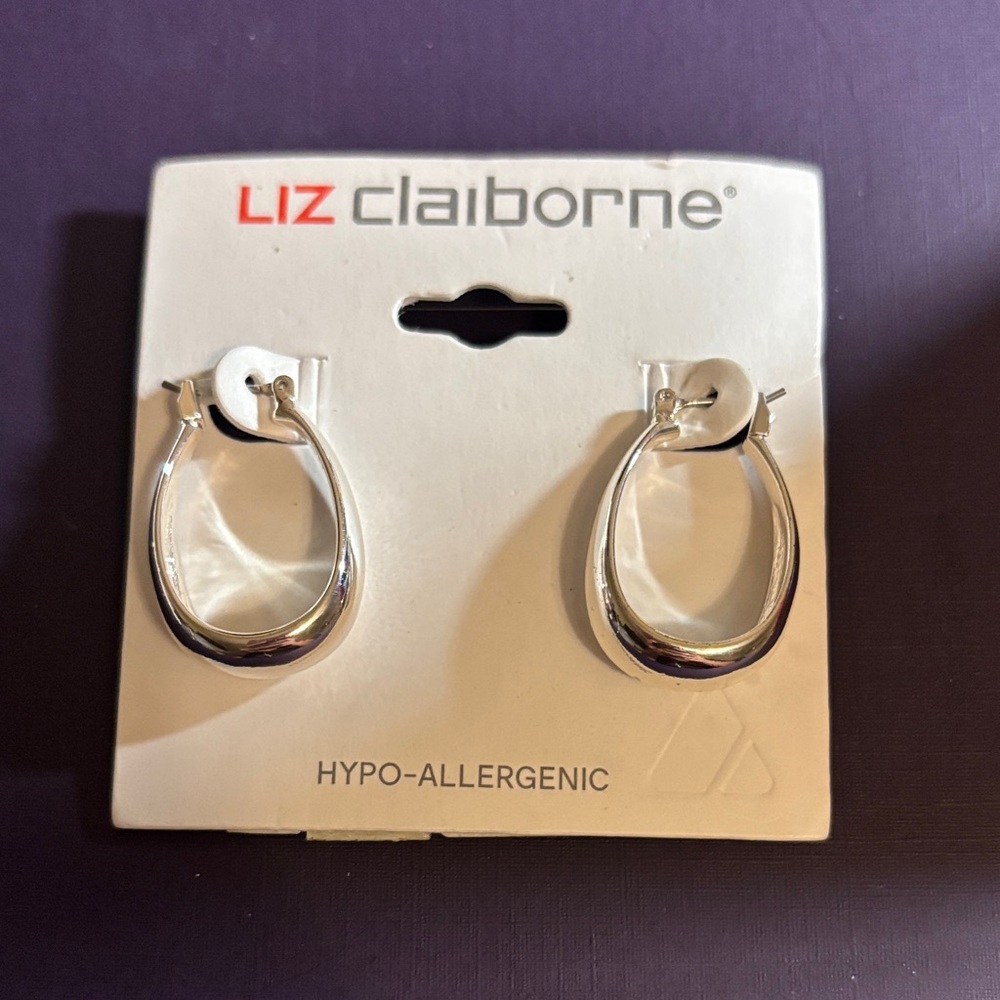 Liz Claiborne Silver Tone Polished Hoop Earrings - Hypoallergenic NWT